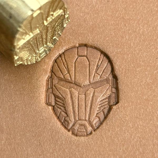 Futuristic Mask leather stamp LT588 — brass stamping tool with imprint on natural veg-tan leather