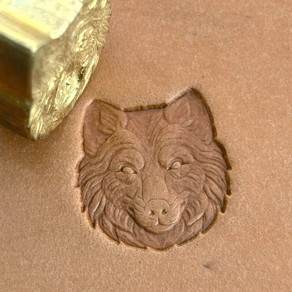 Fluffy Face Wolf leather stamp LT589 — brass stamping tool with imprint on natural veg-tan leather