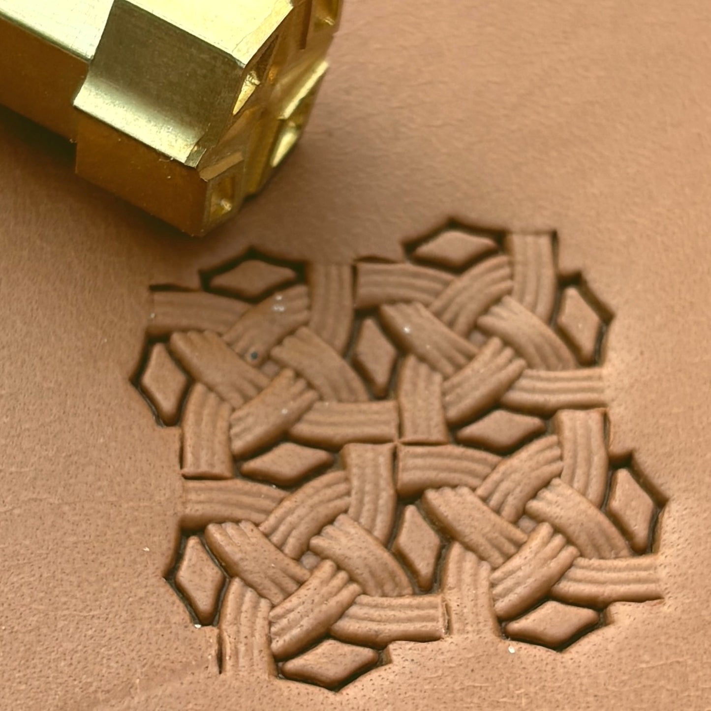 Celtic Knot Basket Weave leather stamp LT592 — brass stamping tool with imprint on natural veg-tan leather