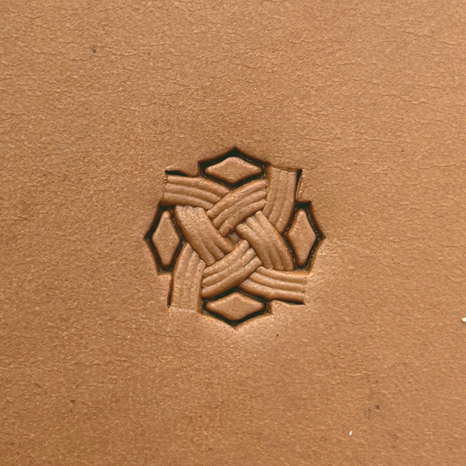 Celtic Knot Basket Weave leather stamp LT592 — single impression on veg-tan leather