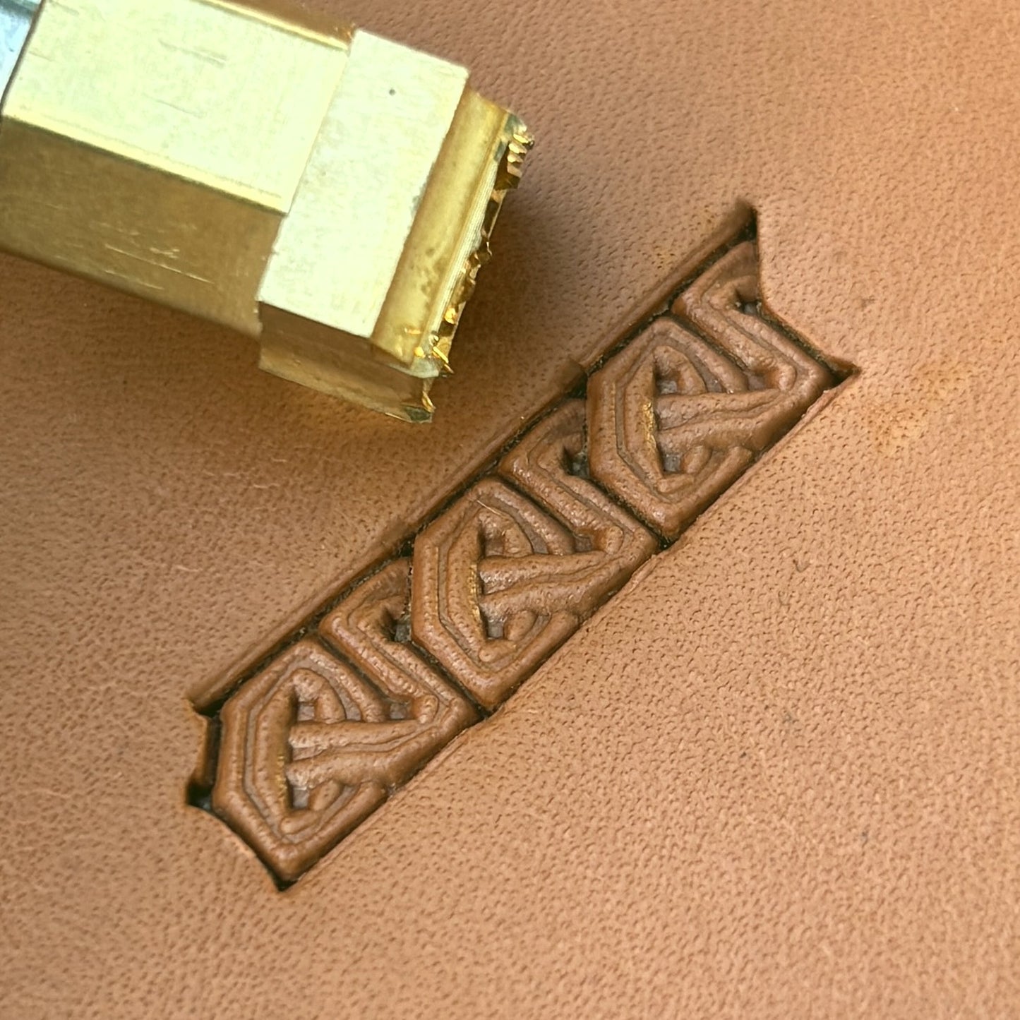 Celtic Knot leather stamp LT594 — brass stamping tool with imprint on natural veg-tan leather