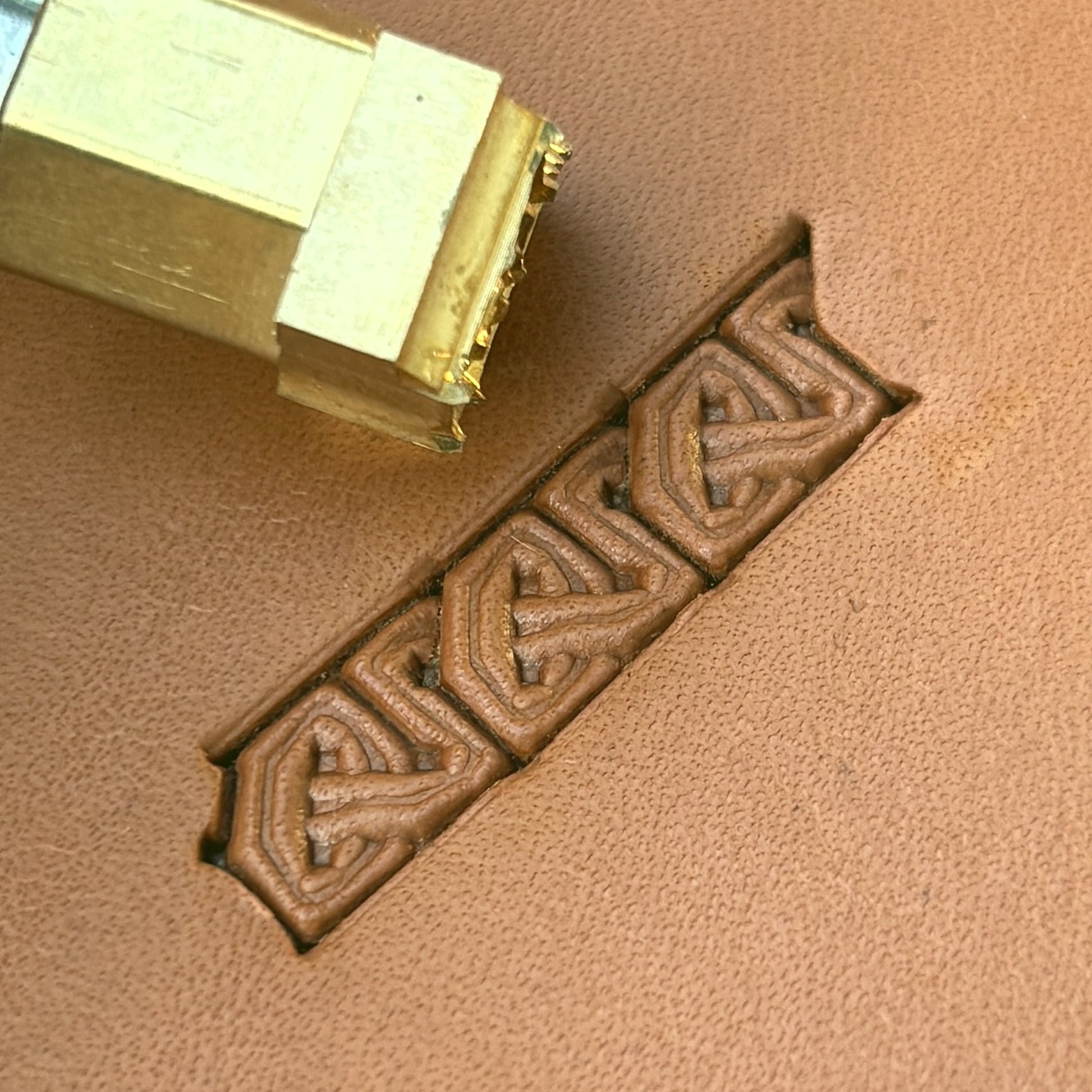 Celtic Knot leather stamp LT594 — brass stamping tool with imprint on natural veg-tan leather
