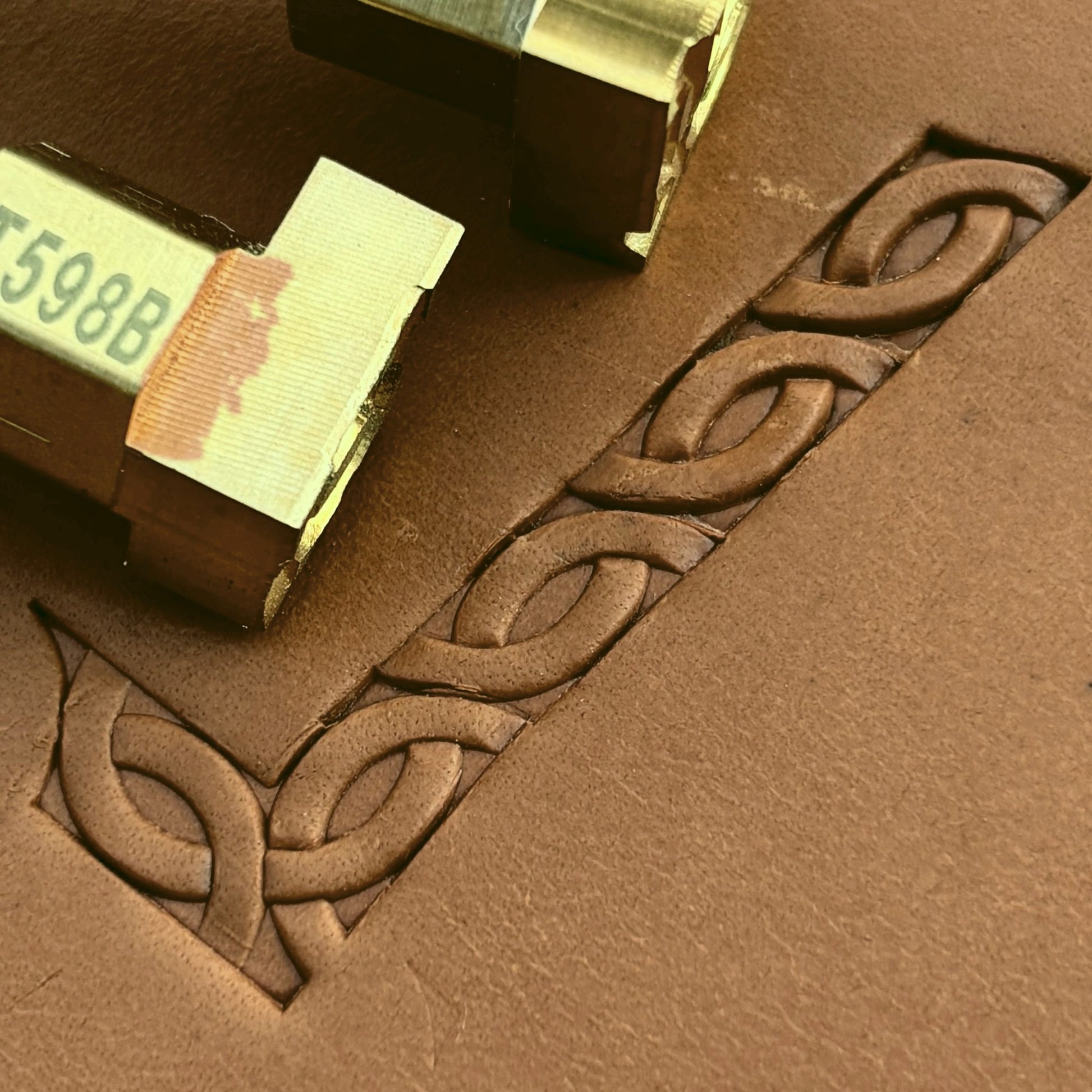 Celtic Knot leather stamp LT598 — brass stamping tool with imprint on natural veg-tan leather