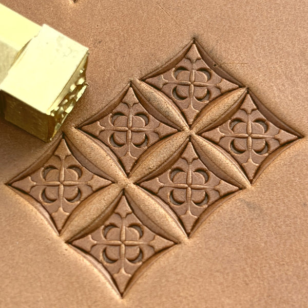 Floral Tile leather stamp LT600 — brass stamping tool with imprint on natural veg-tan leather