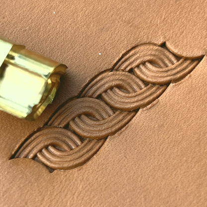 Interlock Basket Weave leather stamp LT602 — brass stamping tool with imprint on natural veg-tan leather