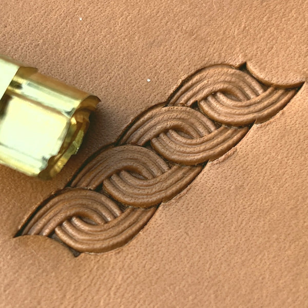 Interlock Basket Weave leather stamp LT602 — brass stamping tool with imprint on natural veg-tan leather