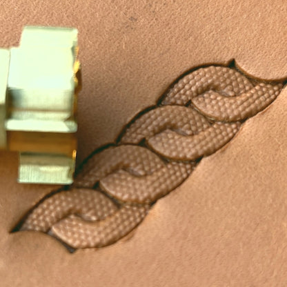 Chain Link Basket Weave leather stamp LT603 — brass stamping tool with imprint on natural veg-tan leather