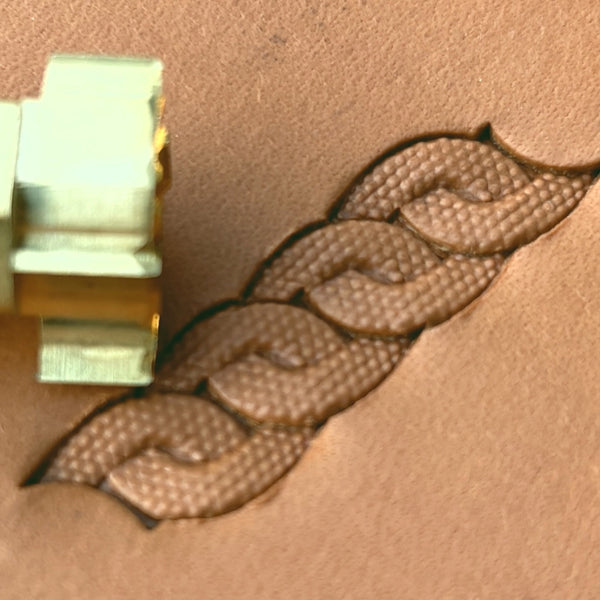 Chain Link Basket Weave leather stamp LT603 — brass stamping tool with imprint on natural veg-tan leather