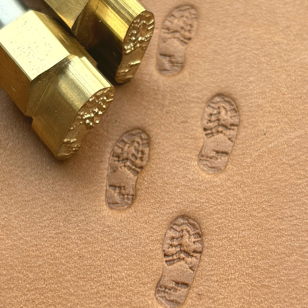 Trail Steps Footprint leather stamp LT604 — brass stamping tool with imprint on natural veg-tan leather