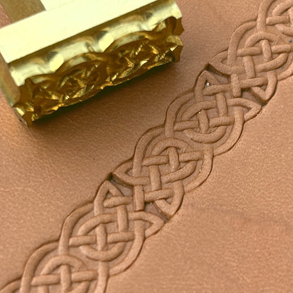 Celtic Knot leather stamp LT606 — brass stamping tool with imprint on natural veg-tan leather