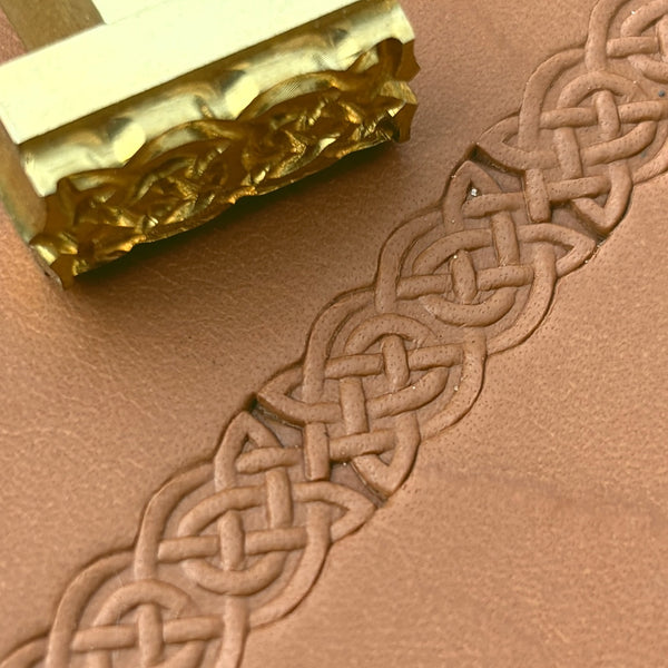 Celtic Knot leather stamp LT606 — brass stamping tool with imprint on natural veg-tan leather