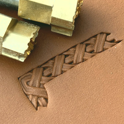 Basket Weave leather stamp LT607 — brass stamping tool with imprint on natural veg-tan leather