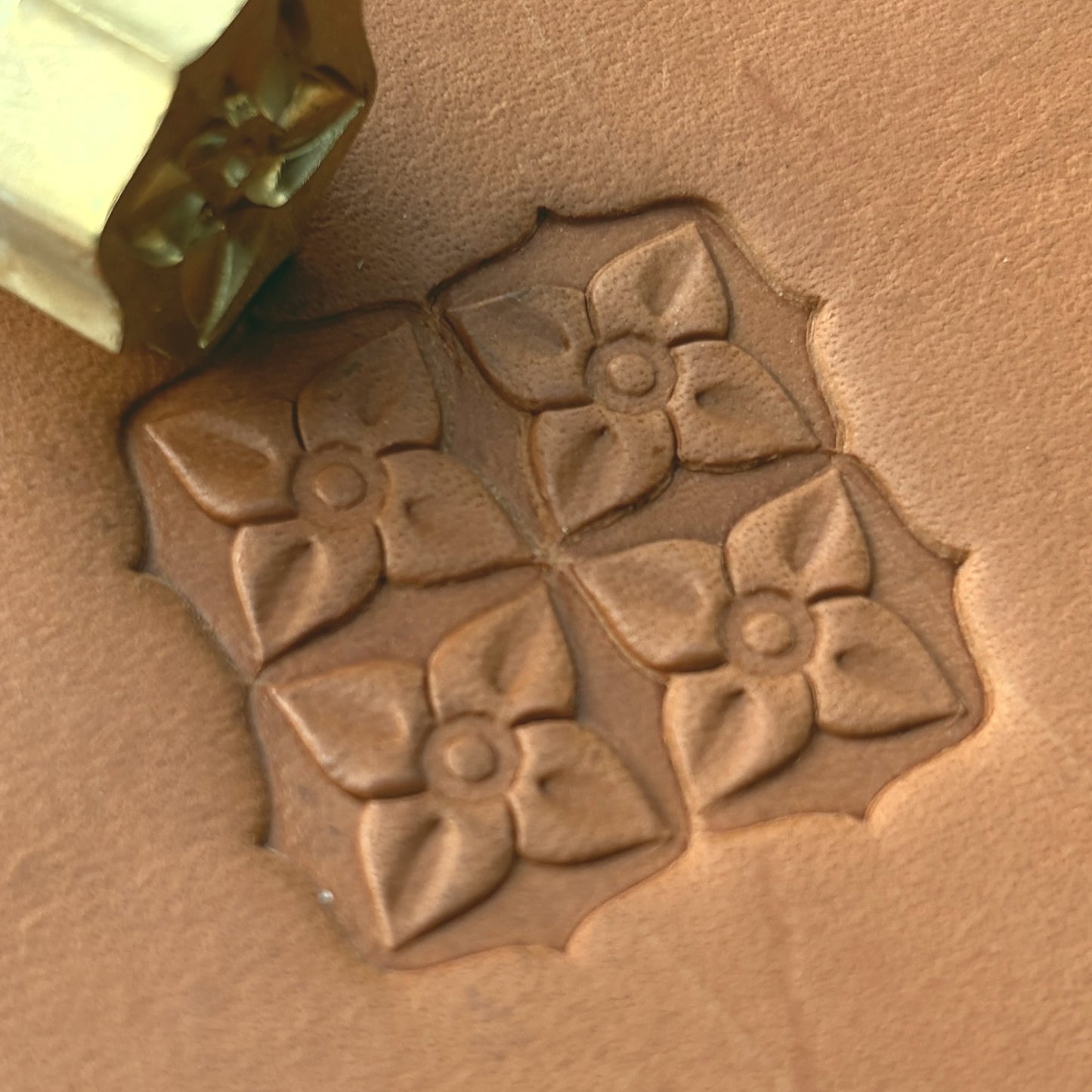 Floral Geometric leather stamp LT609 — brass stamping tool with imprint on natural veg-tan leather