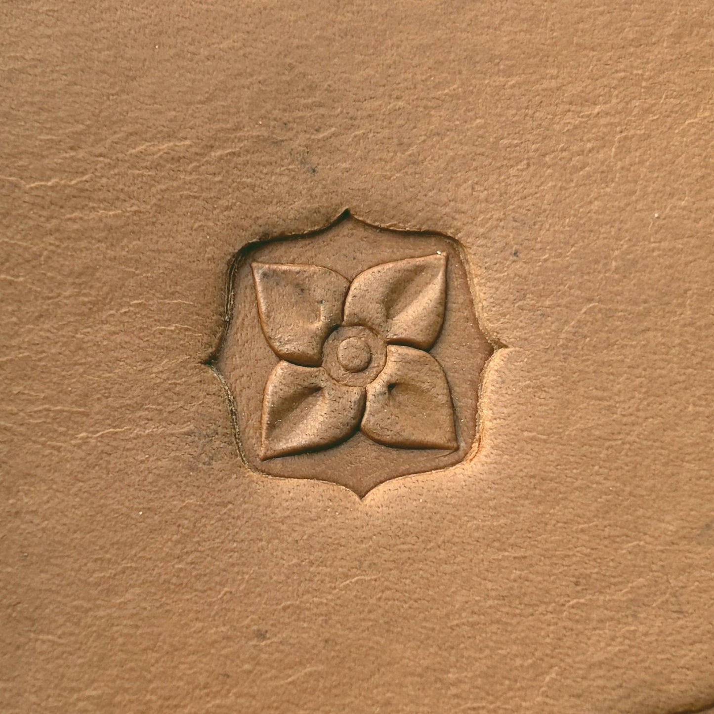 Floral Geometric leather stamp LT609 — single impression on veg-tan leather