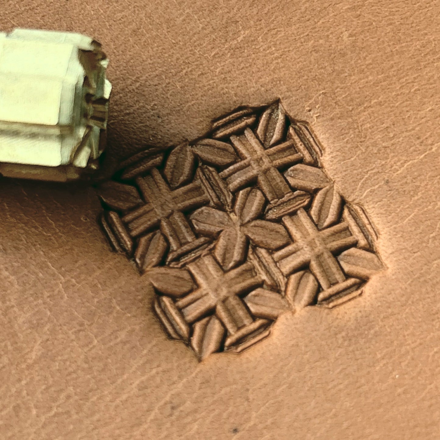 Cross Tiles Geometric leather stamp LT610 — brass stamping tool with imprint on natural veg-tan leather