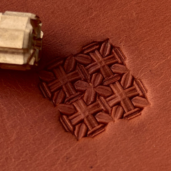 Cross Tiles Geometric leather stamp LT610 — brass stamping tool with imprint on natural veg-tan leather