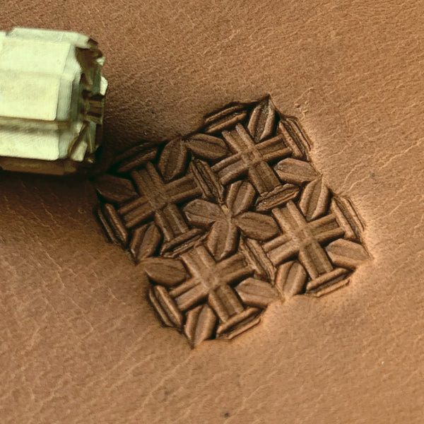 Cross Tiles Geometric leather stamp LT610 — brass stamping tool with imprint on natural veg-tan leather