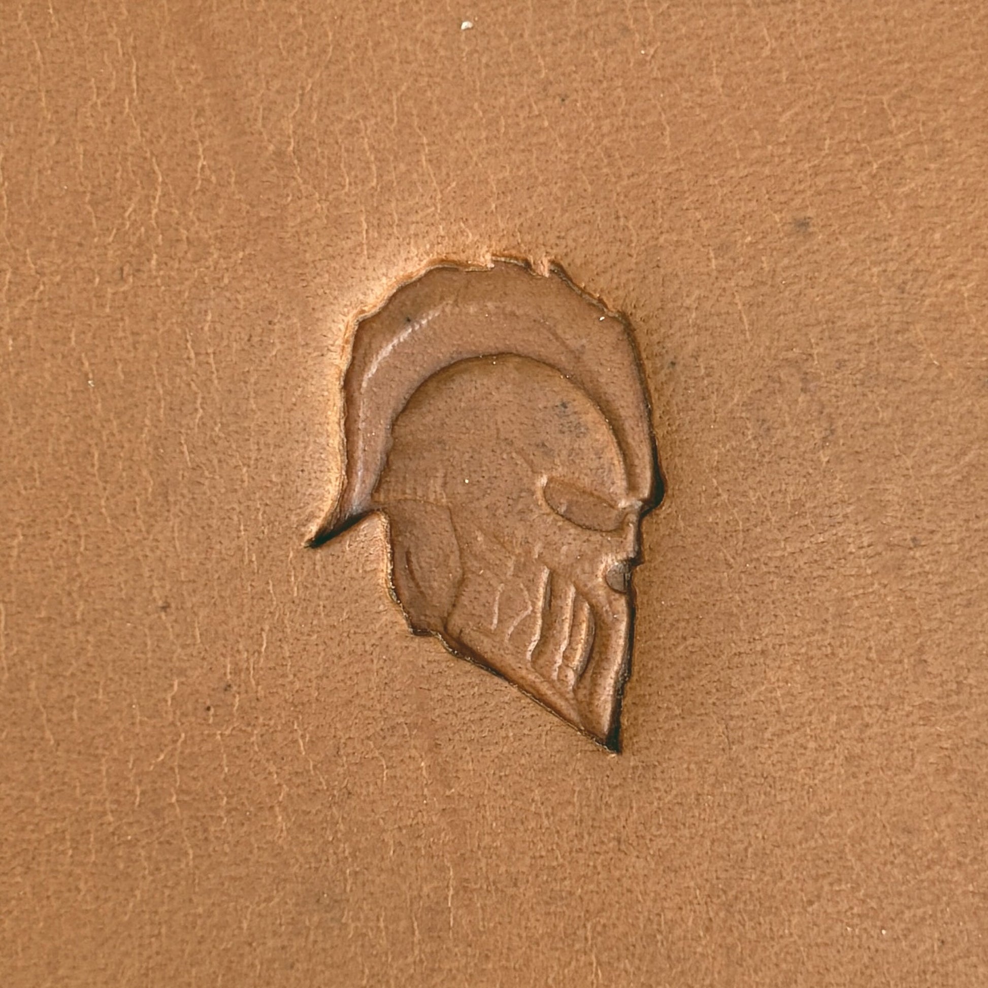 Spartan Helmet leather stamp LT612 — single impression on veg-tan leather