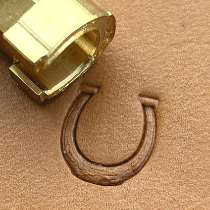 Horseshoe leather stamp LT614 — brass stamping tool with imprint on natural veg-tan leather