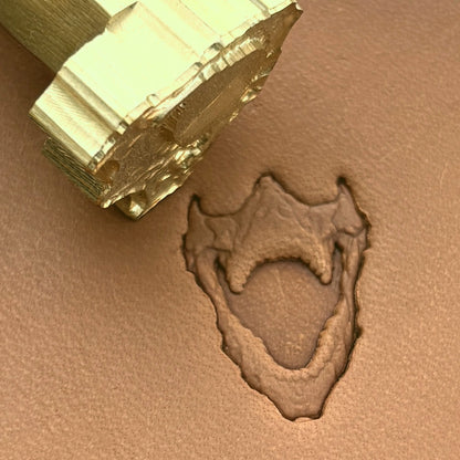 Open Jaws Skull leather stamp LT615 — brass stamping tool with imprint on natural veg-tan leather