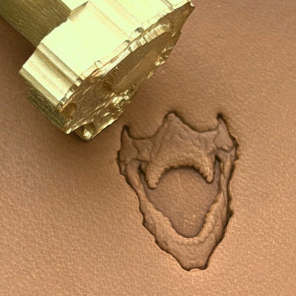 Open Jaws Skull leather stamp LT615 — brass stamping tool with imprint on natural veg-tan leather