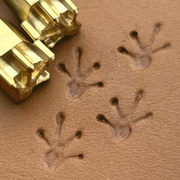 Frog Footprint leather stamp LT616 — brass stamping tool with imprint on natural veg-tan leather