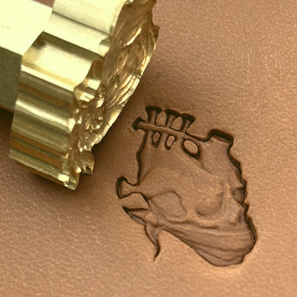 Head Dragon leather stamp LT617 — brass stamping tool with imprint on natural veg-tan leather