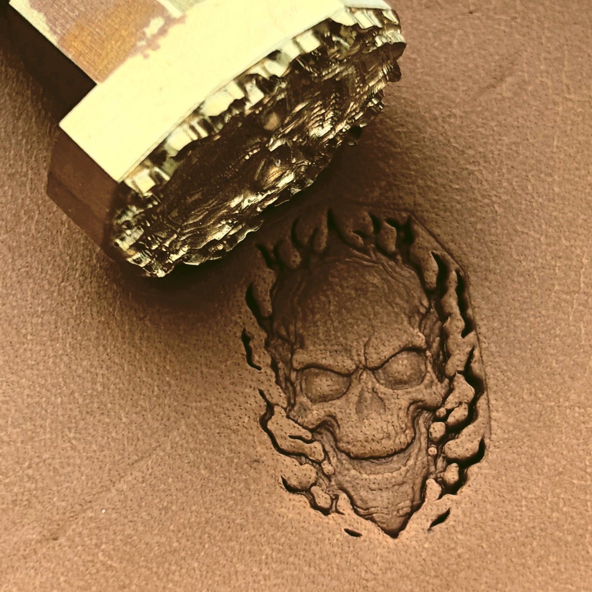 Flaming Skull leather stamp LT618 — brass stamping tool with imprint on natural veg-tan leather