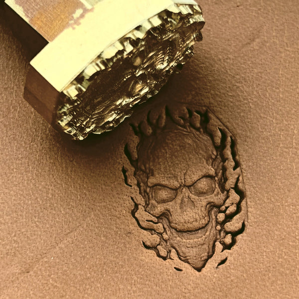 Flaming Skull leather stamp LT618 — brass stamping tool with imprint on natural veg-tan leather