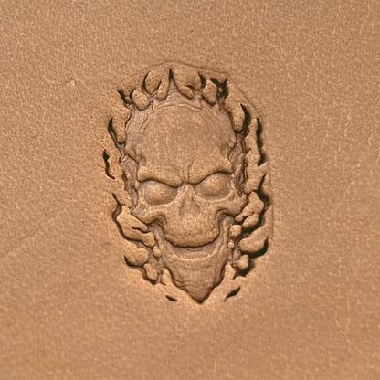 Flaming Skull leather stamp LT618 — pattern imprint on veg-tan leather