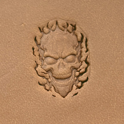 Flaming Skull leather stamp LT618 — pattern imprint on veg-tan leather