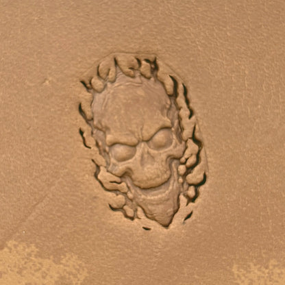 Flaming Skull leather stamp LT618 — single impression on veg-tan leather