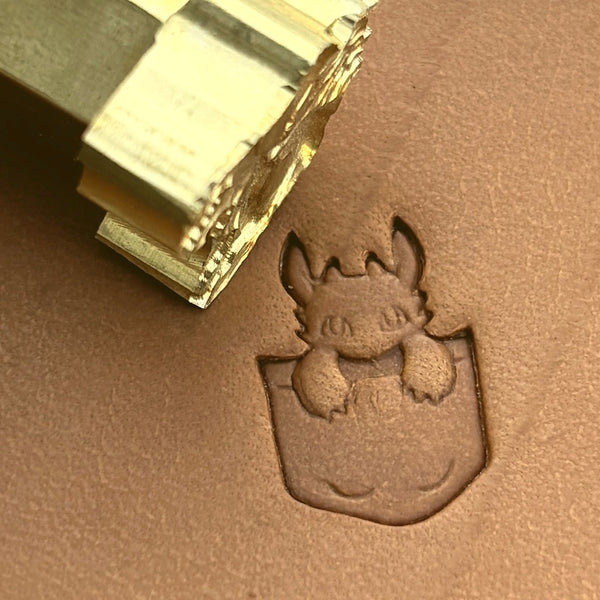 Pocket Dragon leather stamp LT619 — brass stamping tool with imprint on natural veg-tan leather