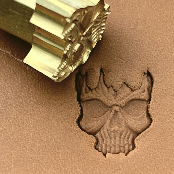 Cracked Skull leather stamp LT620 — brass stamping tool with imprint on natural veg-tan leather