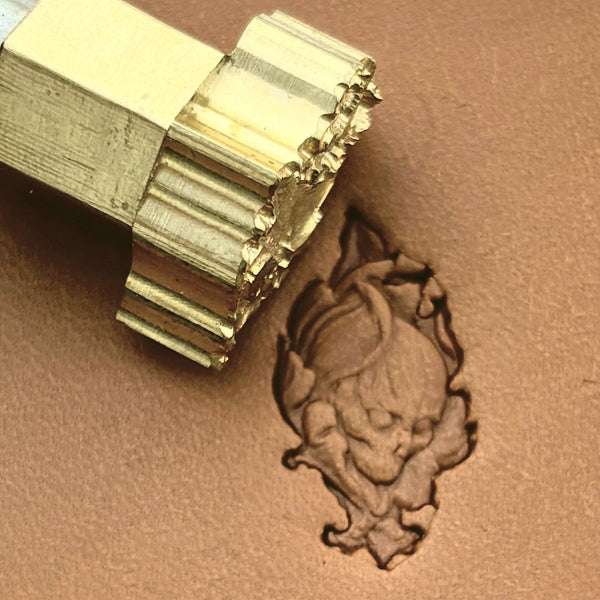 Leaf Shape Skull leather stamp LT622 — brass stamping tool with imprint on natural veg-tan leather