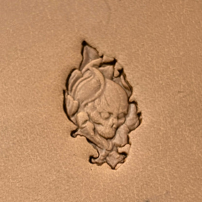 Leaf Shape Skull leather stamp LT622 — single impression on veg-tan leather