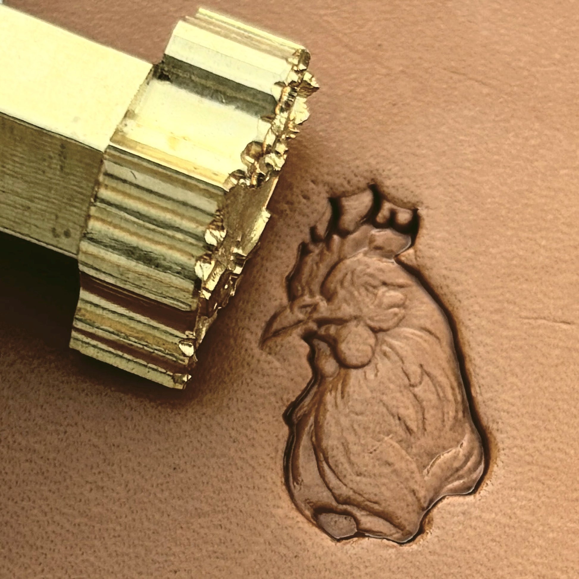 Rooster Head Animal leather stamp LT623 — brass stamping tool with imprint on natural veg-tan leather