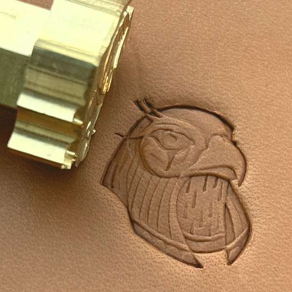 Fierce Head Eagle leather stamp LT625 — brass stamping tool with imprint on natural veg-tan leather