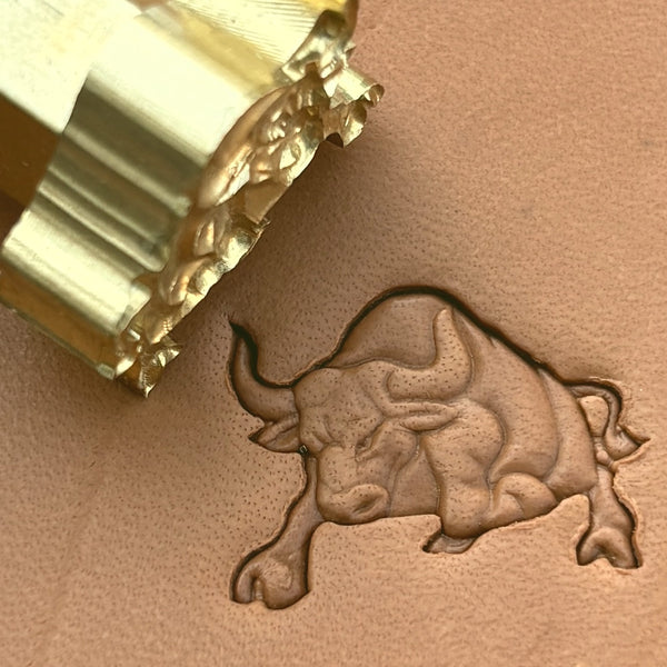 Charging Bull leather stamp LT626 — brass stamping tool with imprint on natural veg-tan leather