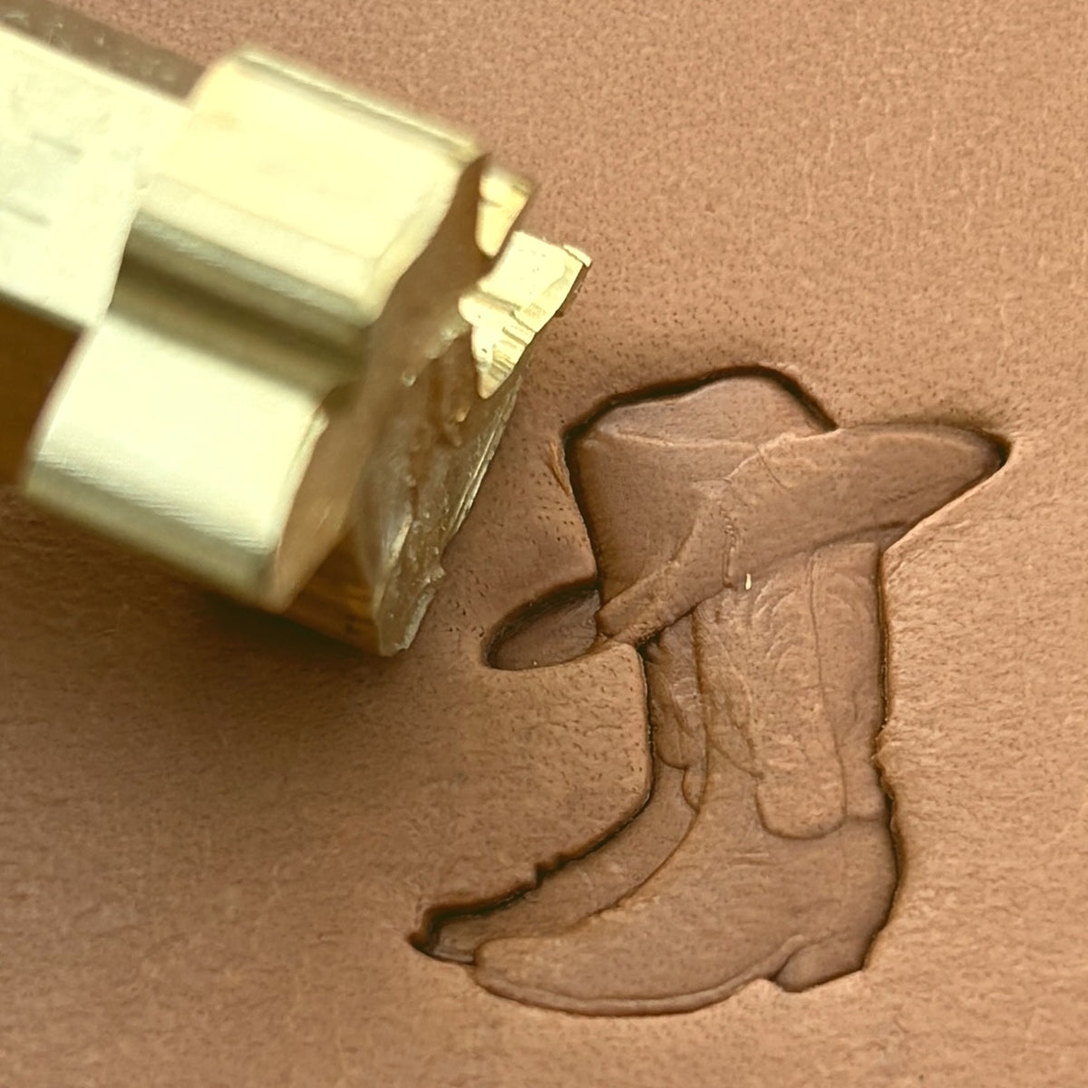 Cowboy Boot leather stamp LT627 — brass stamping tool with imprint on natural veg-tan leather