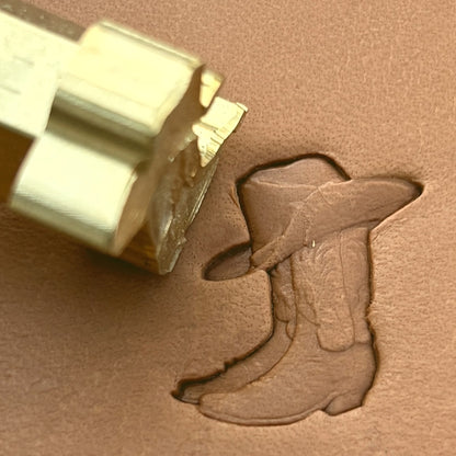 Cowboy Boot leather stamp LT627 — brass stamping tool with imprint on natural veg-tan leather