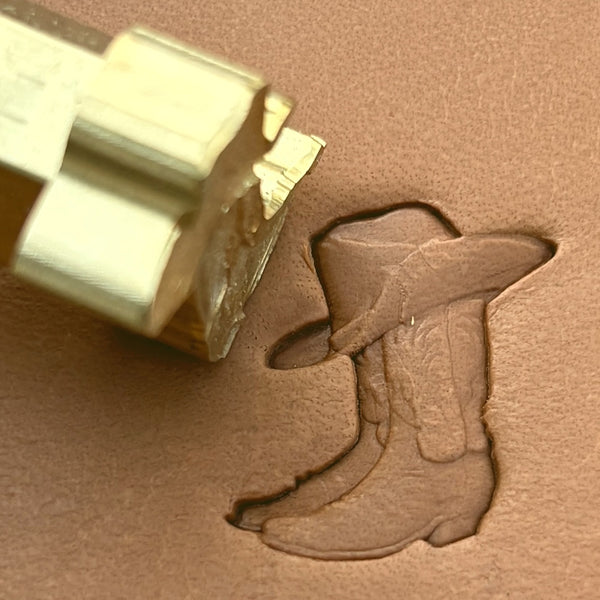 Cowboy Boot leather stamp LT627 — brass stamping tool with imprint on natural veg-tan leather