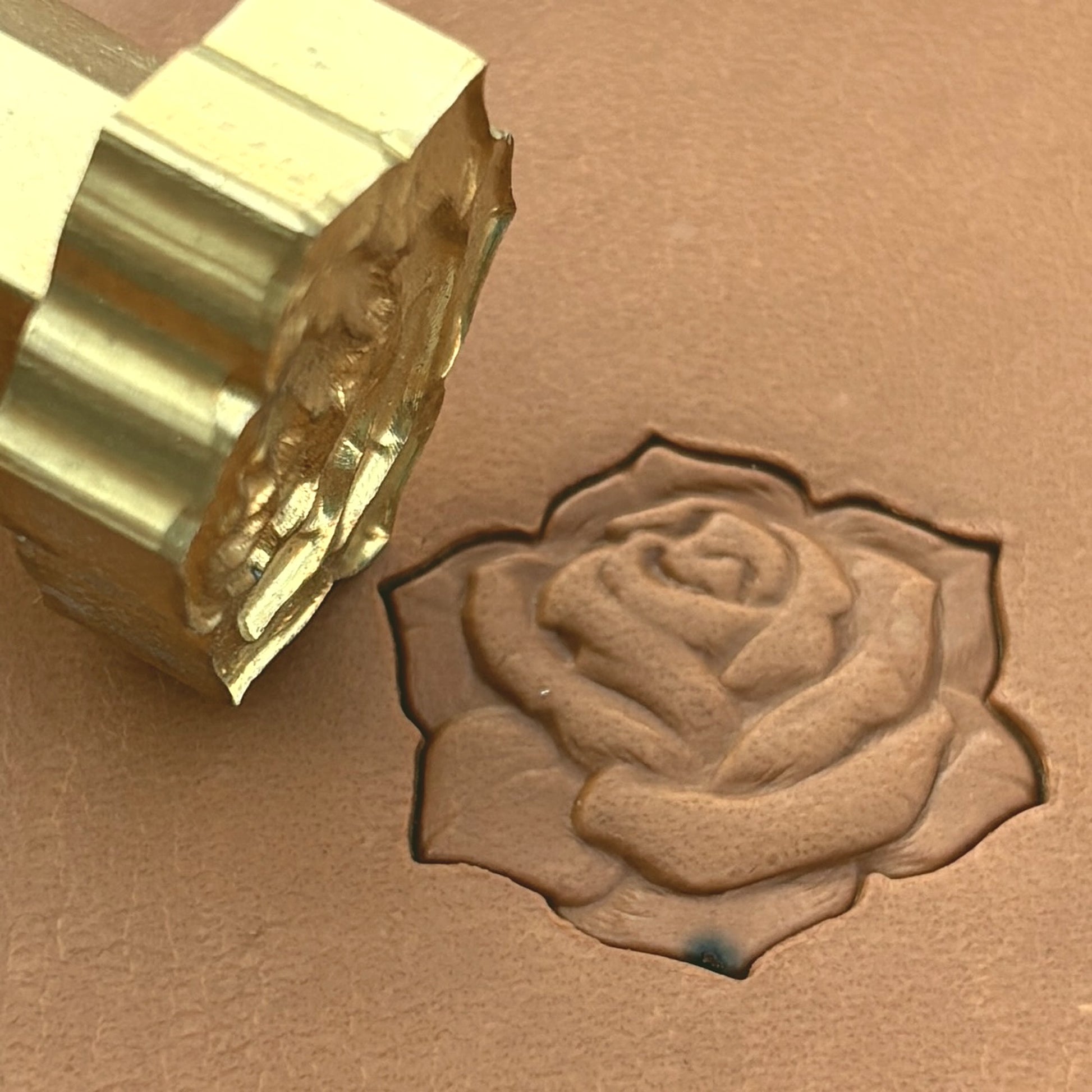 Blossom Rose leather stamp LT628 — brass stamping tool with imprint on natural veg-tan leather