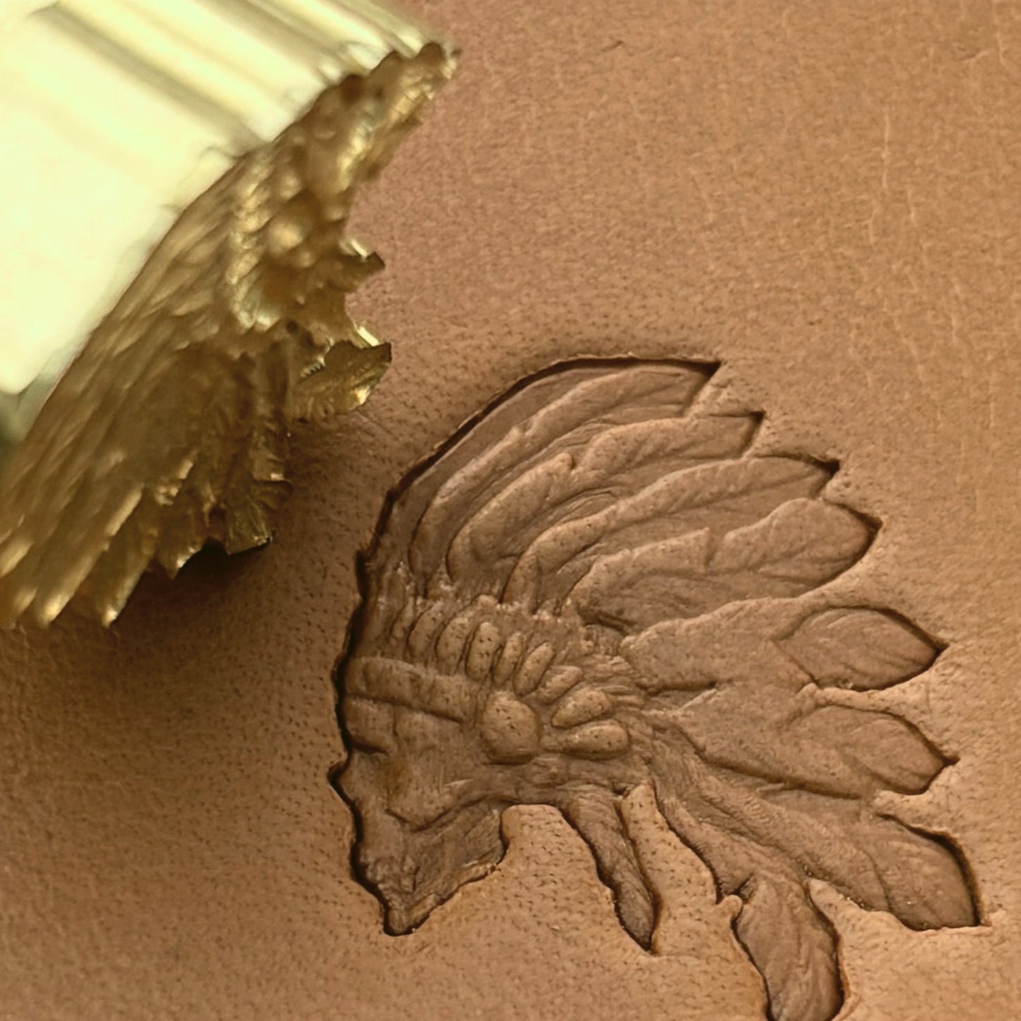 Indian Chief Headpiece leather stamp LT630 — brass stamping tool with imprint on natural veg-tan leather