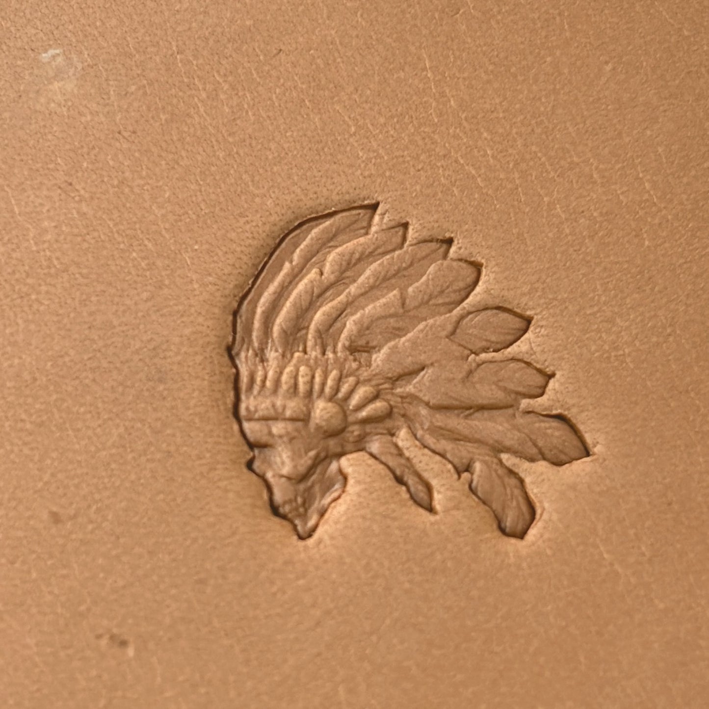 Indian Chief Headpiece leather stamp LT630 — single impression on veg-tan leather