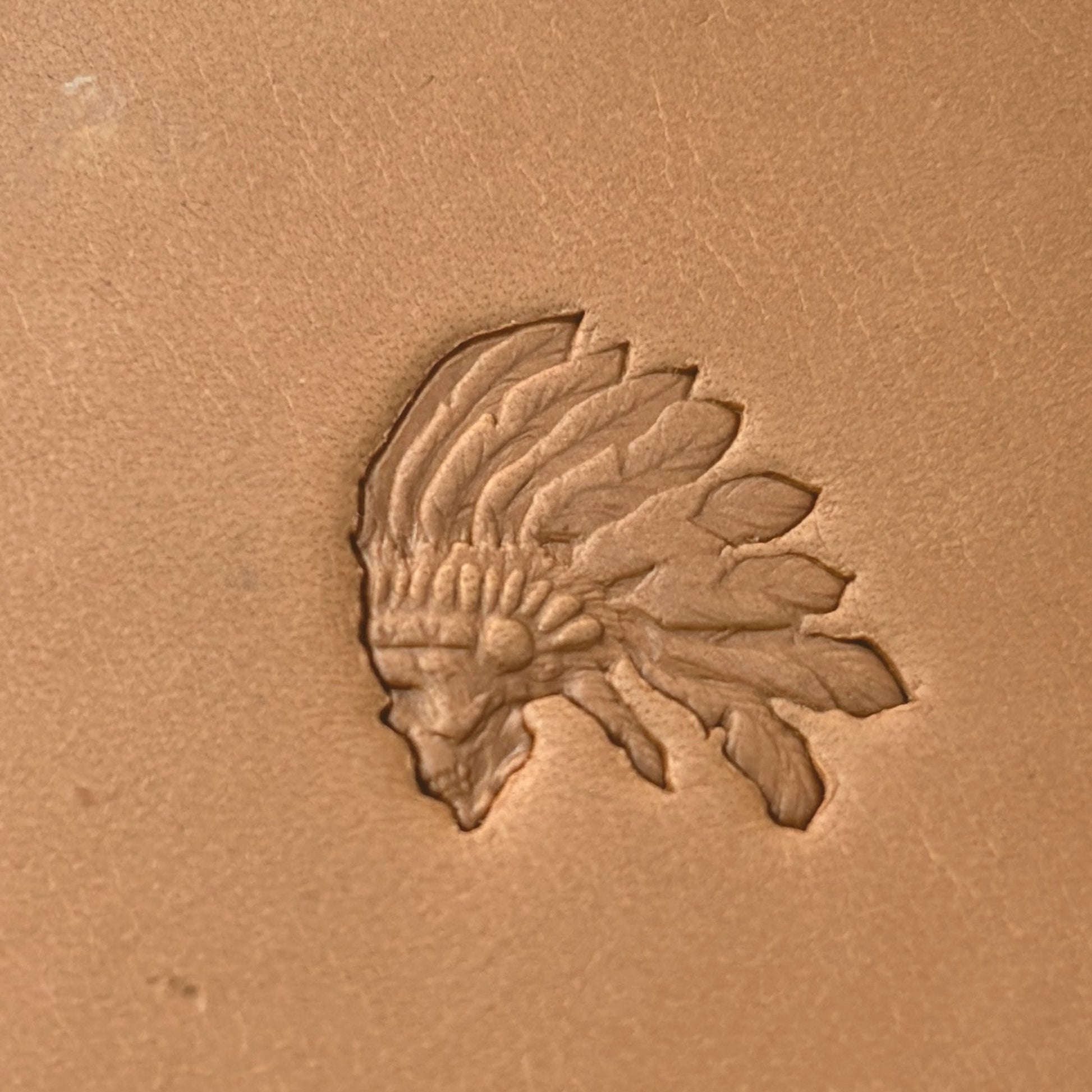 Indian Chief Headpiece leather stamp LT630 — single impression on veg-tan leather