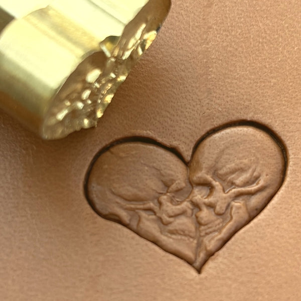 Kissing Skulls in Heart leather stamp LT633 — brass stamping tool with imprint on natural veg-tan leather