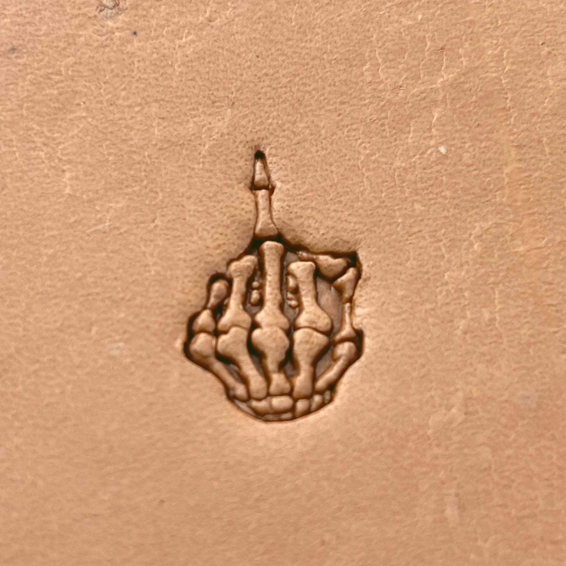Middle Finger Skeleton Hand leather stamp LT634 — pattern imprint on veg-tan leather