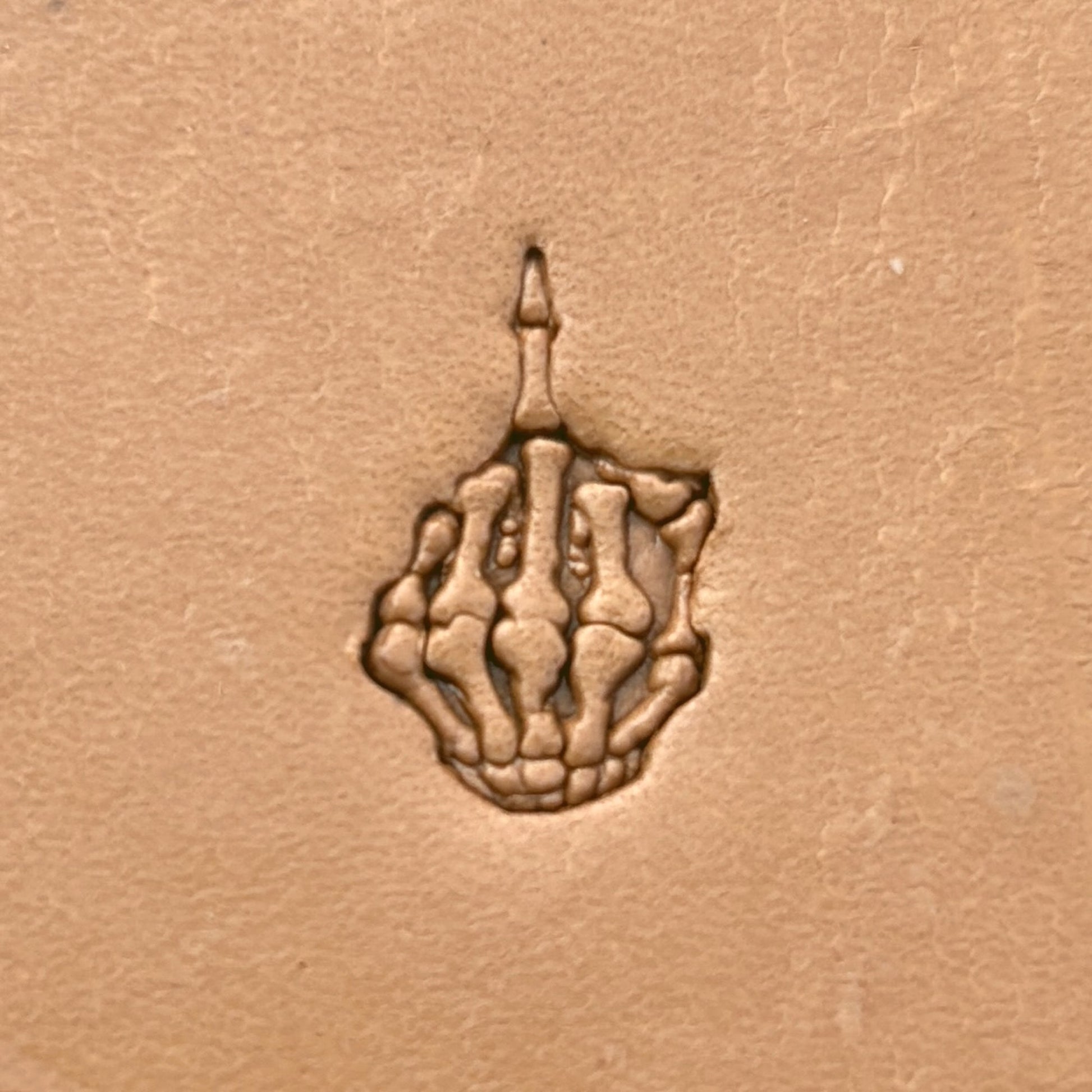 Middle Finger Skeleton Hand leather stamp LT634 — pattern imprint on veg-tan leather