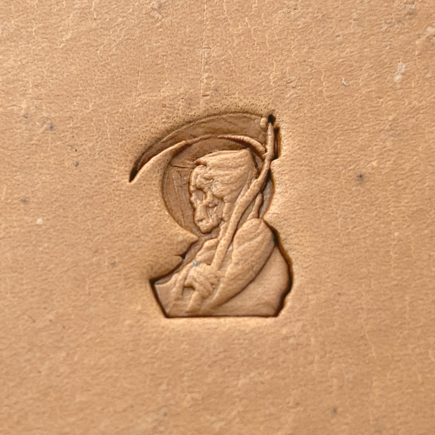Grim Reaper Skull leather stamp LT635 — pattern imprint on veg-tan leather